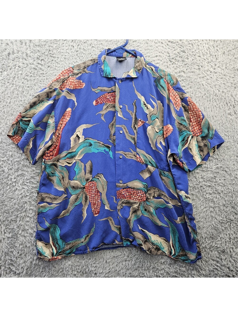 Generra Vintage 80s Hawaiian Shirt Medium Oversized Rayon Corn Print Blue